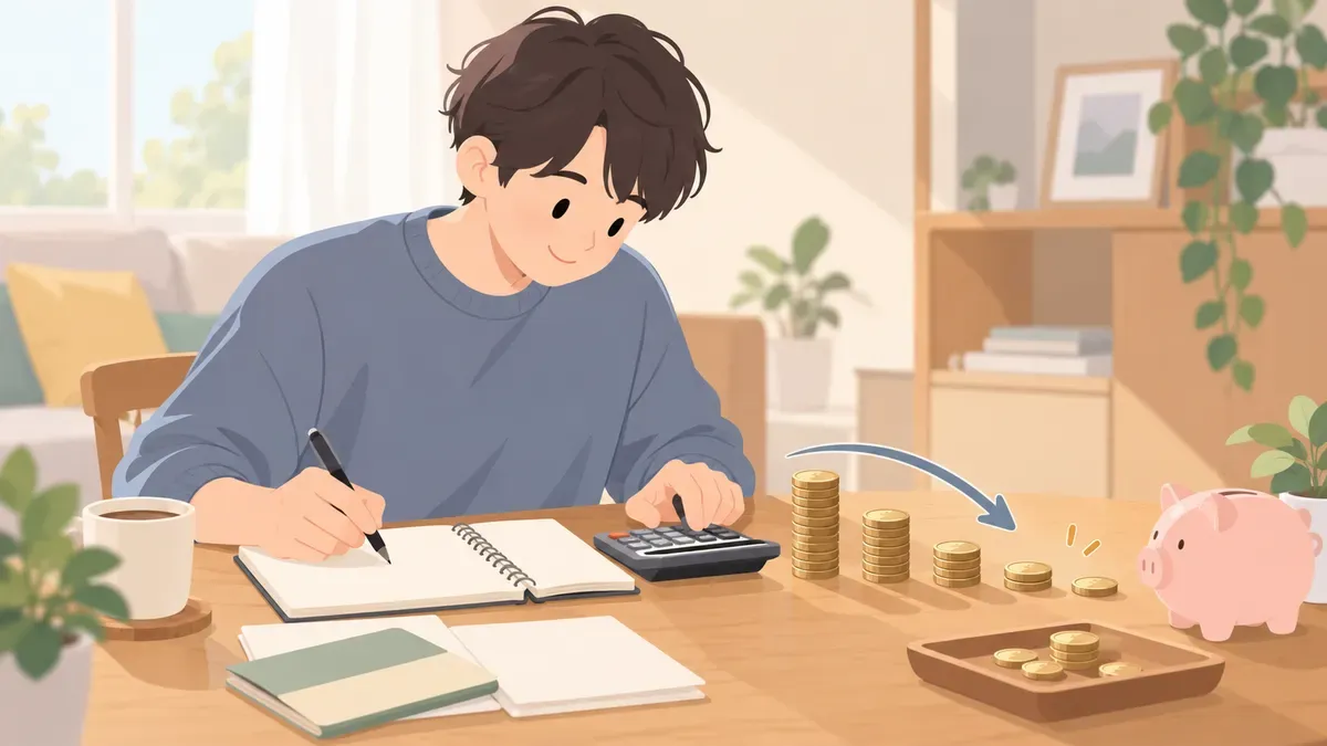 毎月のポイントが少し減ることを電卓で確かめる場面