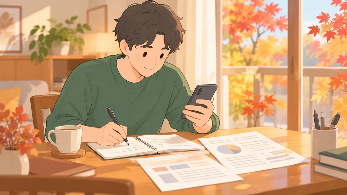 秋の部屋でスマホと書類を見比べて確認する人