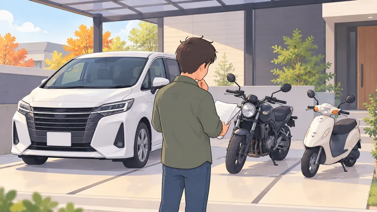 車とバイクと原付を並べて保険の見直しを考える場面